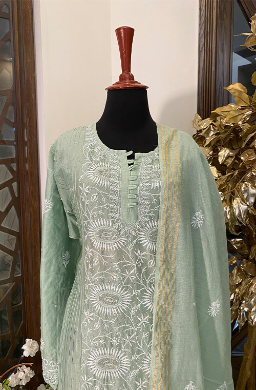 Pastel Sage Green Artisan Silk Ensemble